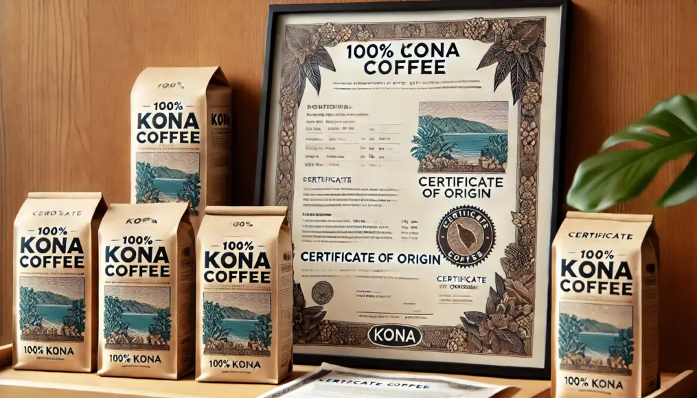 A 100% Kona coffee package with an official certification certificate A document verifying its origin is placed beside the package, giving buyers confidence in their purchase The certificate includes producer details and harvest date, ensuring complete transparency