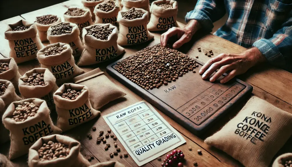 Raw Kona coffee beans displayed on a wooden table, with labeled bags beside them and quality control tags attached