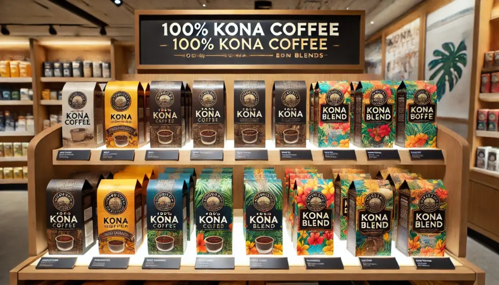 A display shelf featuring various packages of Kona coffee 100% Kona coffee bags have a deep color scheme and simple design to emphasize luxury In contrast, Kona Blend bags are more colorful and priced affordably, attracting consumers with their eye-catching design