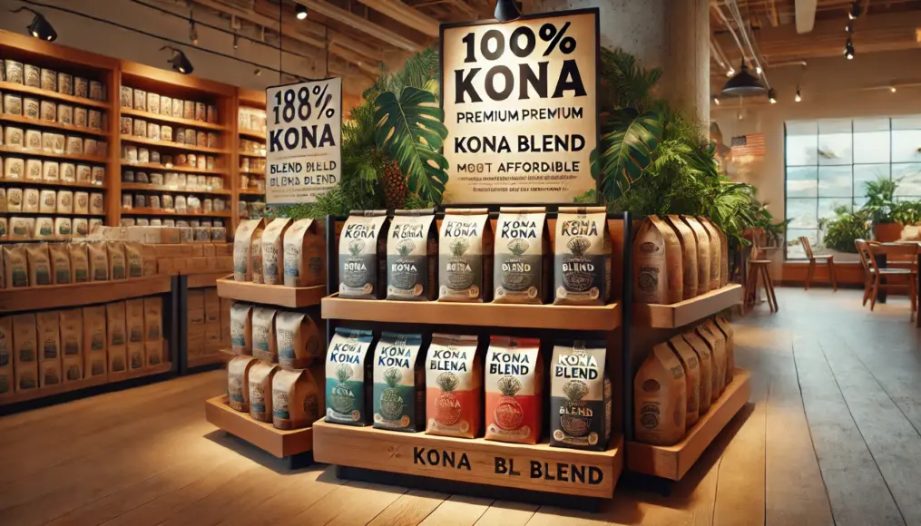 Comparison of 100% Kona coffee and Kona blend at a Hawaiian market A wooden shelf displays premium bags labeled "100% Kona" alongside more affordable bags labeled "Kona Blend" Each label specifies different blend ratios, with an explanatory POP display helping consumers make informed choices