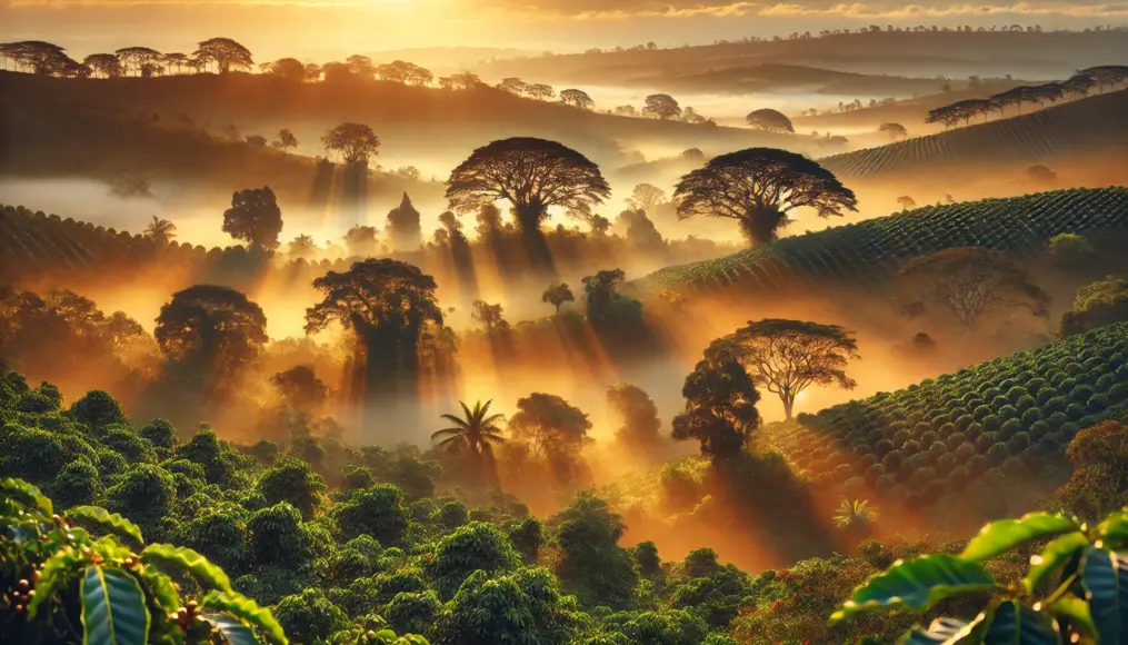 A Kona coffee farm shrouded in morning mist, with coffee trees stretching towards the mountains, illuminated by the golden rays of sunrise