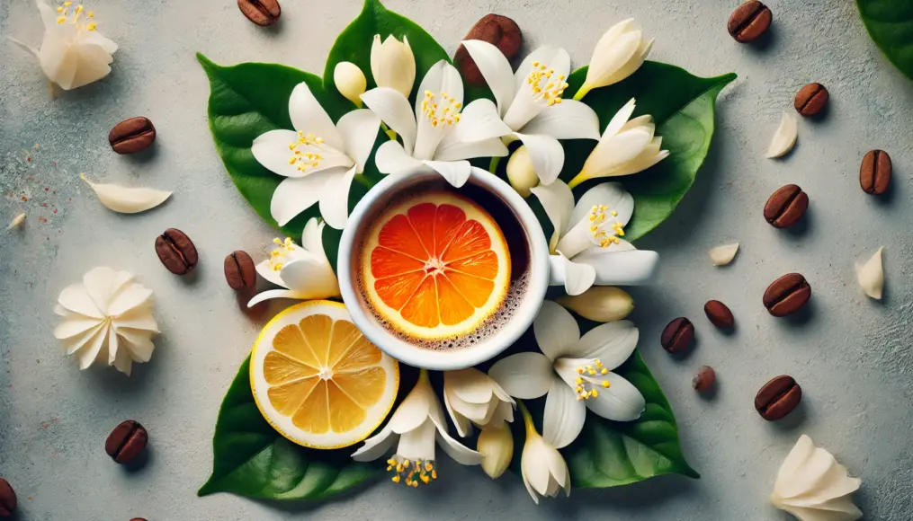 A cup of Kona coffee accompanied by jasmine flowers and fresh citrus fruits like lemon and orange