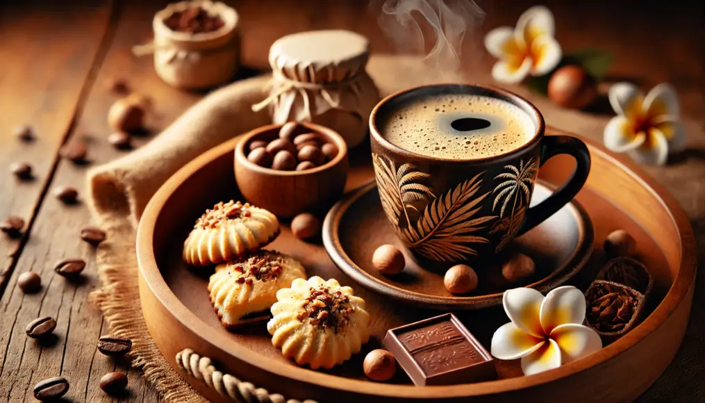 A wooden tray with a cup of Kona coffee, Hawaiian shortbread, and macadamia nut chocolate