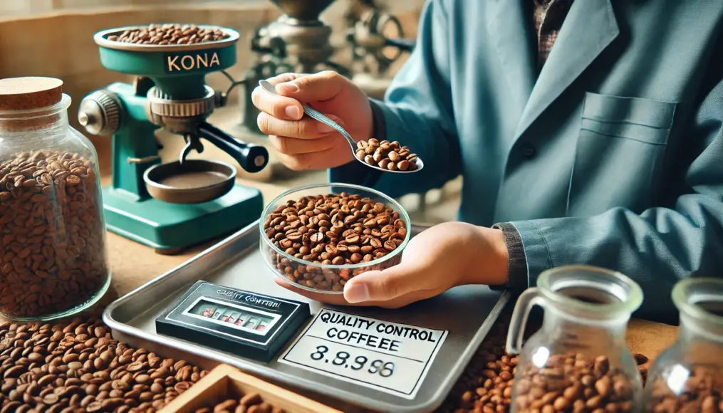 A quality inspector carefully examining Kona coffee samples, using a small spoon to scoop beans into a clear container for review