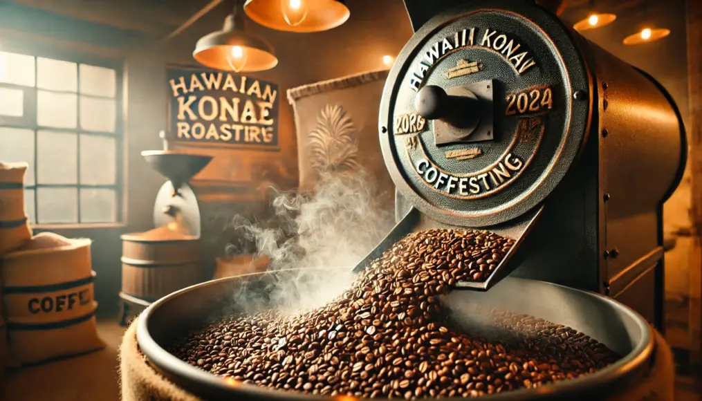 Hawaiian Kona coffee roasting process, with beans being discharged from the roaster and aromatic smoke rising