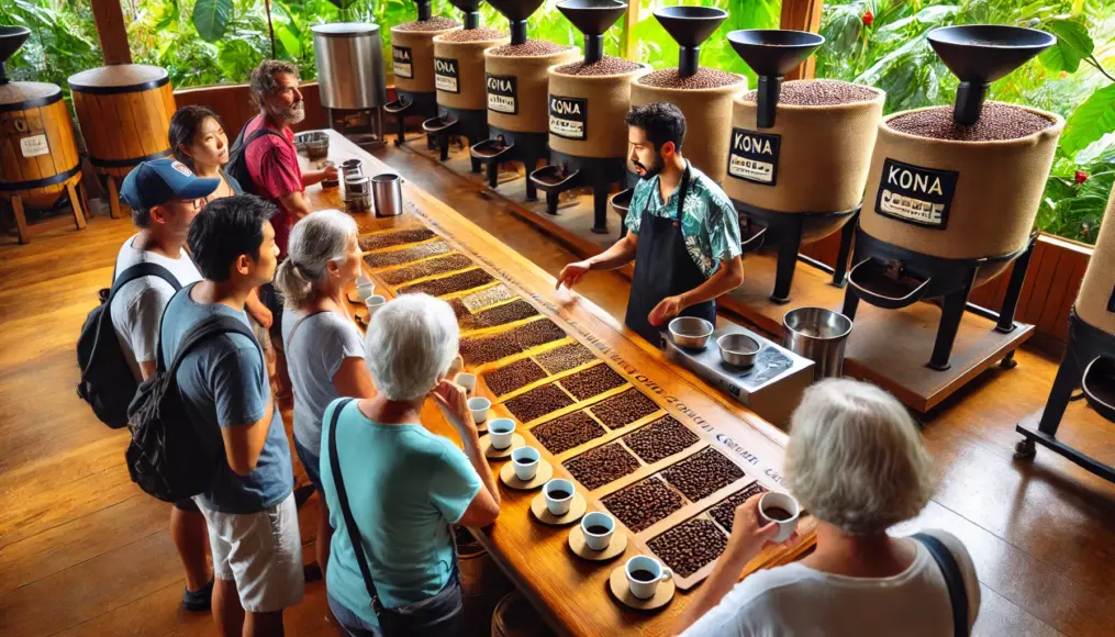 Tourists sampling Kona coffee at a farm store in Hawaii A wooden counter displays various roast levels, with tasting cups available for sampling A salesperson explains the roasting process, helping customers select the perfect Kona coffee for their taste