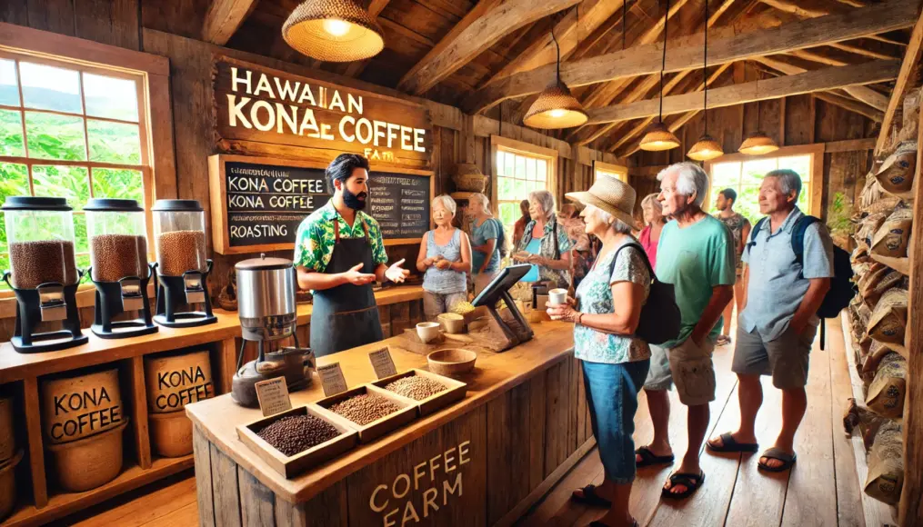 Tourists shopping at a Kona coffee farm store in Hawaii A wooden counter showcases coffee beans and tasting cups, while a salesperson explains the unique characteristics and roasting process of Kona coffee This direct-to-consumer approach enhances trust and transparency