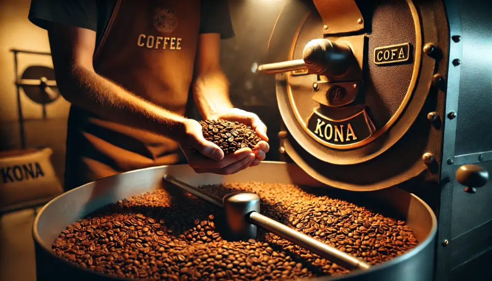 Medium-roasted Kona coffee beans being discharged from a roaster, with a roaster inspecting them by hand