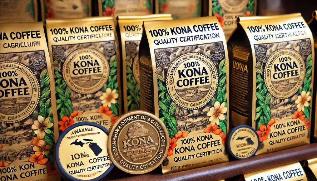 A 100% Kona coffee package with a Hawaii Department of Agriculture quality certification seal A gold seal confirms its authenticity, giving consumers confidence in their purchase Some packages also feature the producer’s signature, indicating individual tracking and verification