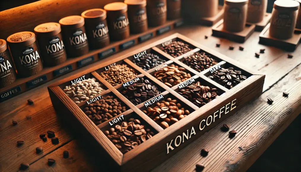 A wooden tray displaying Kona coffee beans at different roast levels, from light to medium to dark roast