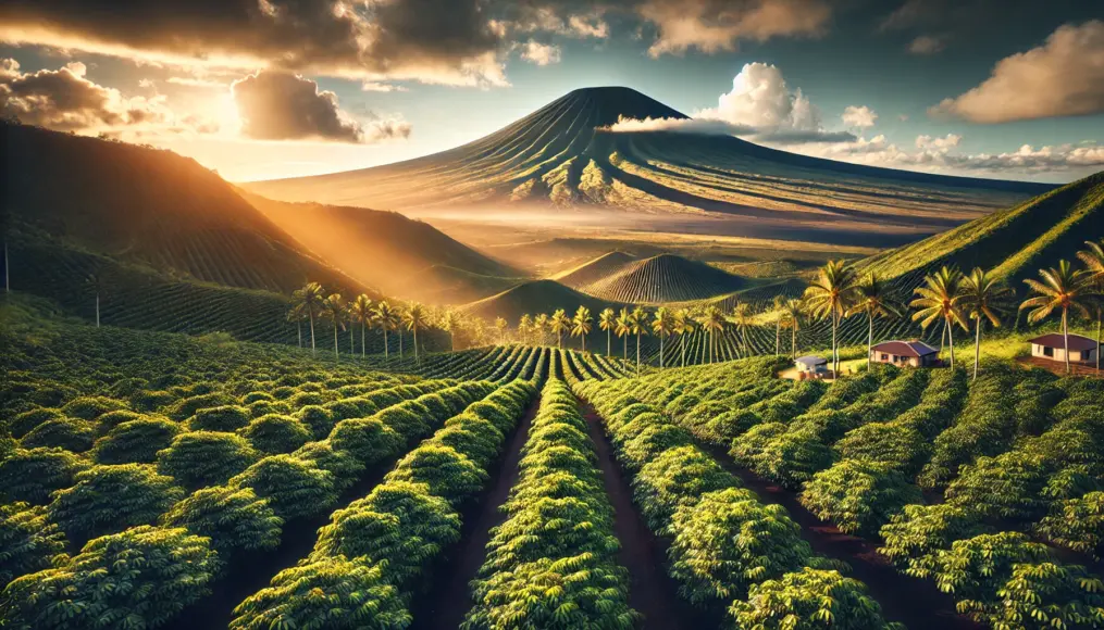 A Kona coffee farm at the base of a volcano, with rows of coffee trees glowing under the sunlight, and the towering volcano in the background