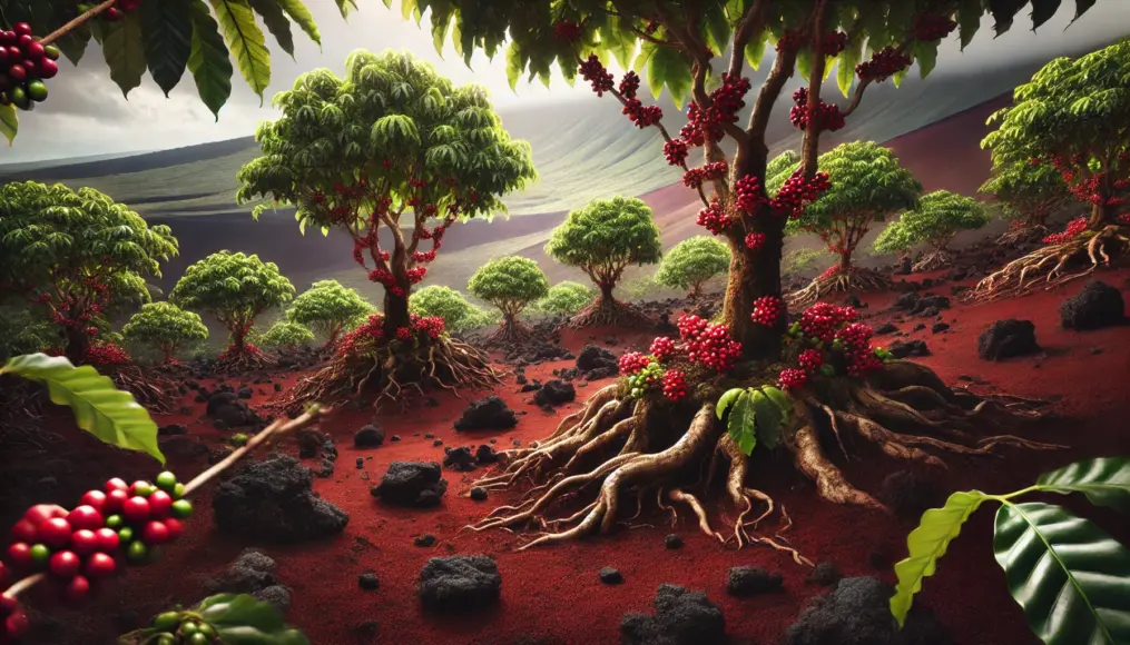 Coffee trees rooted in the volcanic soil of the Kona region, with red volcanic ash-covered ground and ripe coffee cherries hanging from the branches