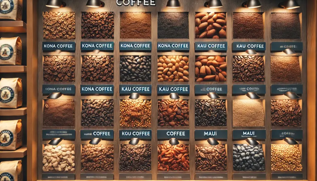 A display area featuring coffee beans from different Hawaiian regions, with Kona coffee in the foreground and Ka'u and Maui coffees placed for comparison