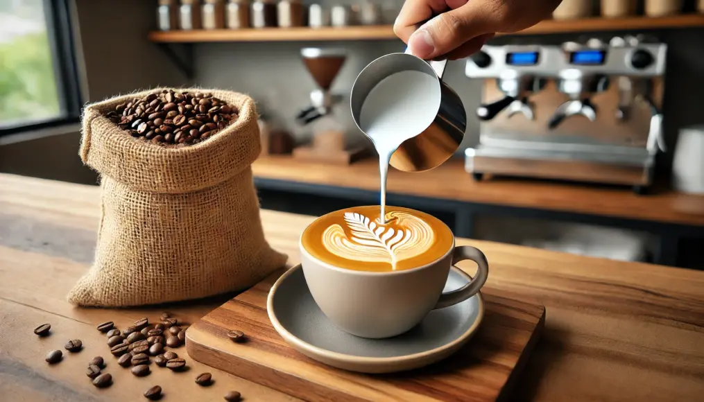 A freshly brewed café latte with milk, next to a bag of coffee beans used for the drink.