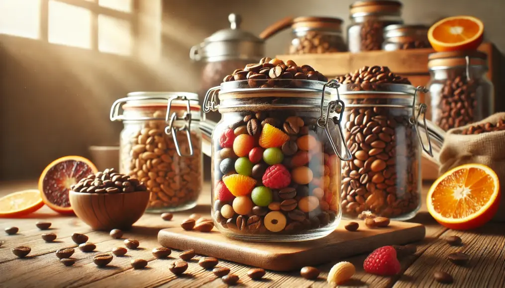 A photo highlighting the fruity flavors of light roast coffee. Glass jars filled with light-roasted coffee beans, captured under bright natural light.