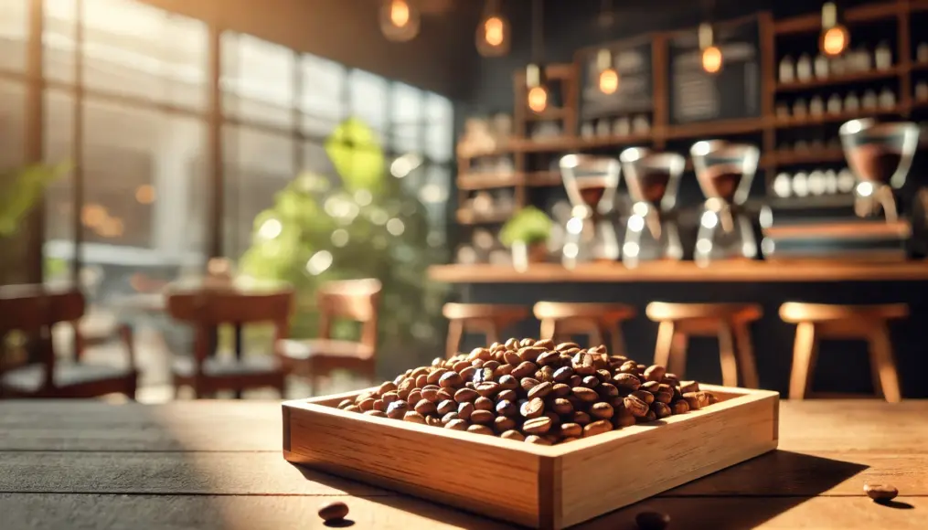 A wooden tray filled with light roast coffee beans, placed on a café table bathed in natural light. The beans are golden brown with an even roast.