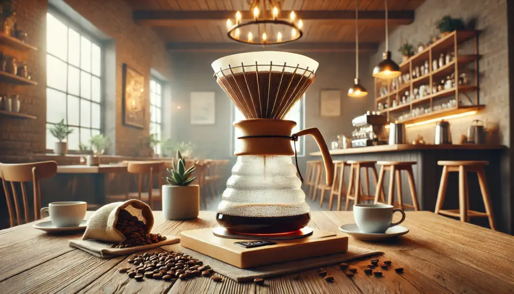 A photo demonstrating brewing techniques for light roast coffee. A pour-over setup with light roast beans arranged neatly on a wooden table.