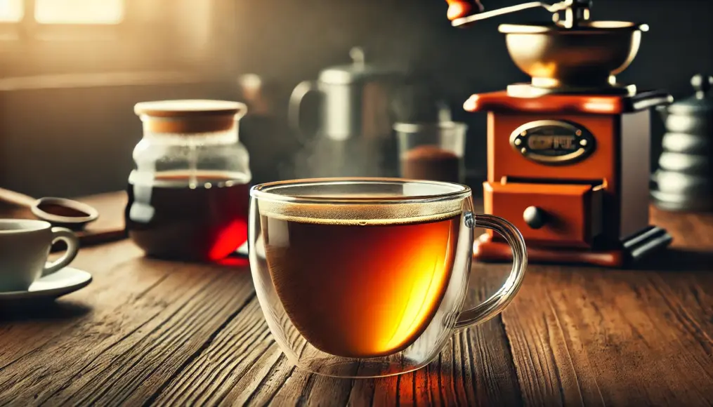 A freshly brewed cup of light roast coffee in a glass cup. The golden-amber liquid reflects its delicate and fruity profile, accompanied by a coffee grinder and a pour-over setup in the background.