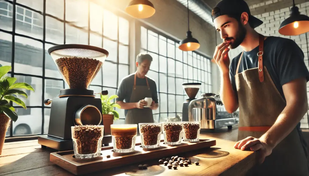 A bright café counter displaying light-roasted coffee beans alongside cupping cups for evaluation