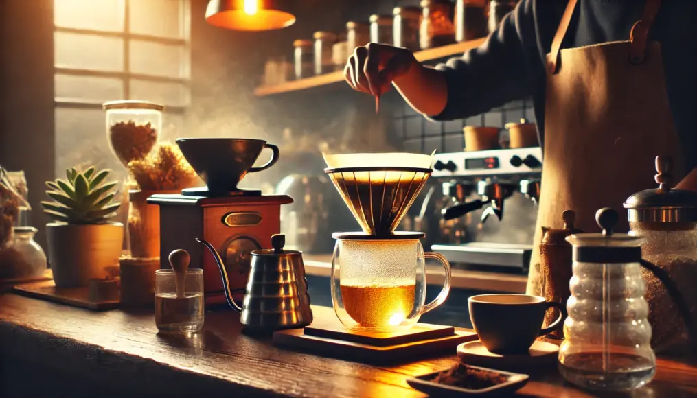 A cozy café counter where a barista is preparing light roast coffee using a pour-over method. The transparent cup reveals the golden-hued coffee, and various coffee-making tools are neatly arranged around the counter. The warm lighting enhances the inviting ambiance of the scene.