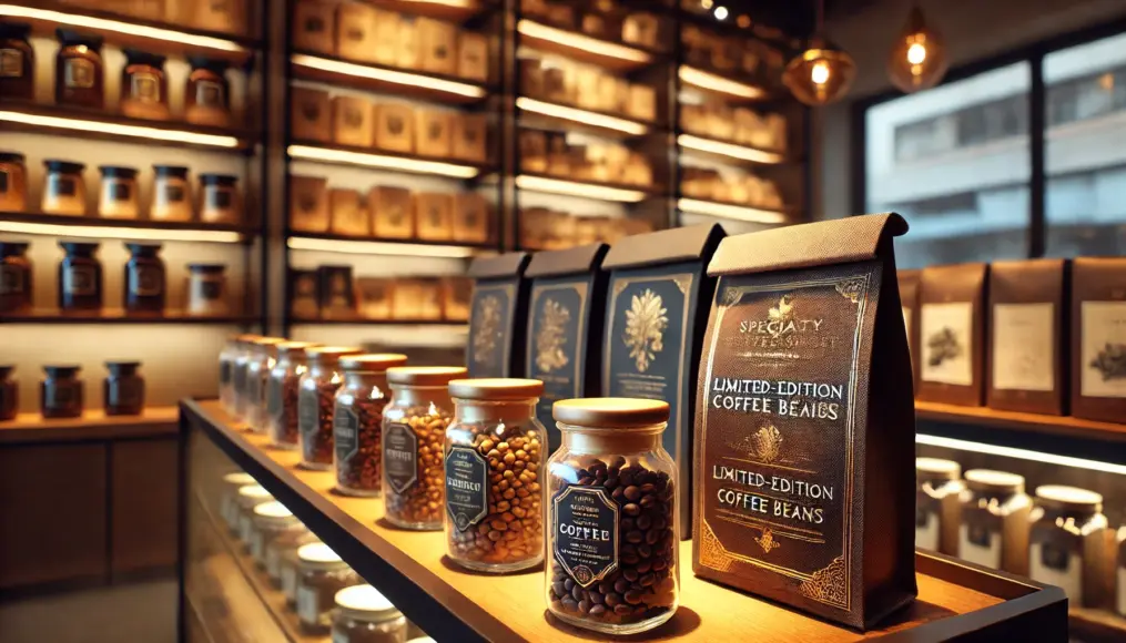 Shelf displaying limited-edition coffee beans