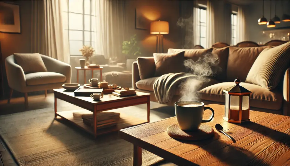 Decaf coffee enjoyed in a cozy living room setting