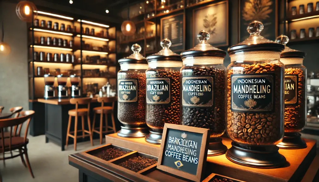 Indonesian Mandheling and Brazilian dark-roasted beans displayed on a café counter