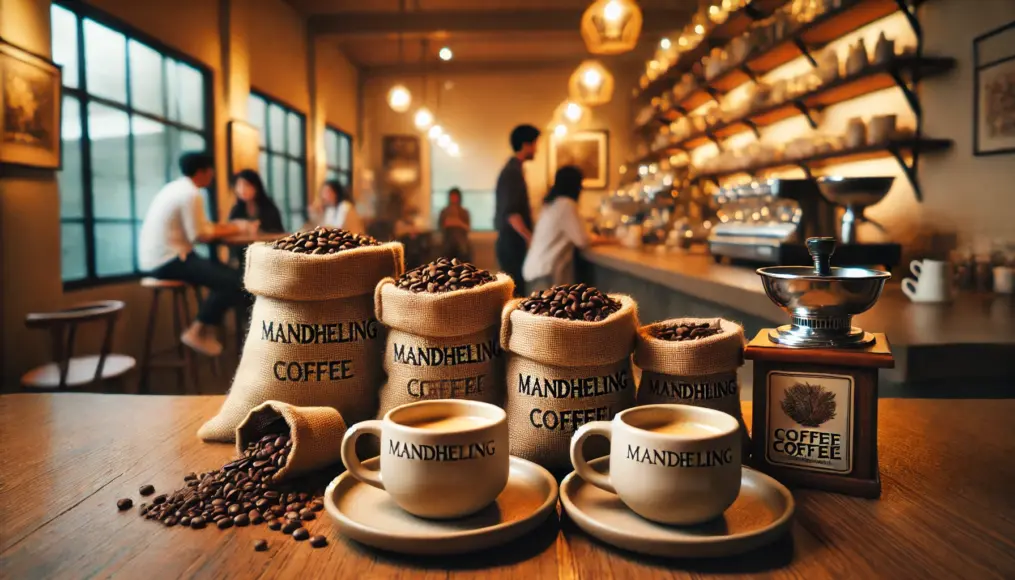 Mandheling coffee cups and bean bags displayed on a café counter. A cozy atmosphere where people are enjoying their coffee.