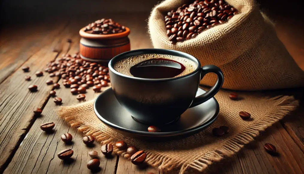 The deep color of Mandheling coffee. A cup of rich, dark coffee sits on a wooden table, with a burlap sack filled with beans in the background.