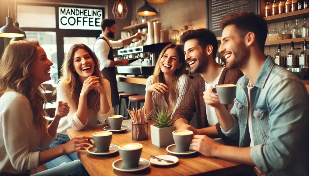 A community of coffee lovers enjoying Mandheling coffee. A warm, social atmosphere in a café where people gather and share their love for coffee.