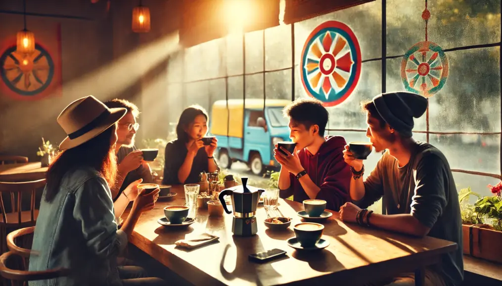 People savoring Mandheling coffee. A cozy café scene where customers enjoy their coffee by the window.