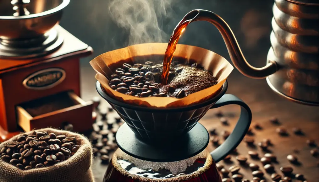 A brewing scene with deeply roasted Mandheling beans being ground and prepared for a pour-over coffee.