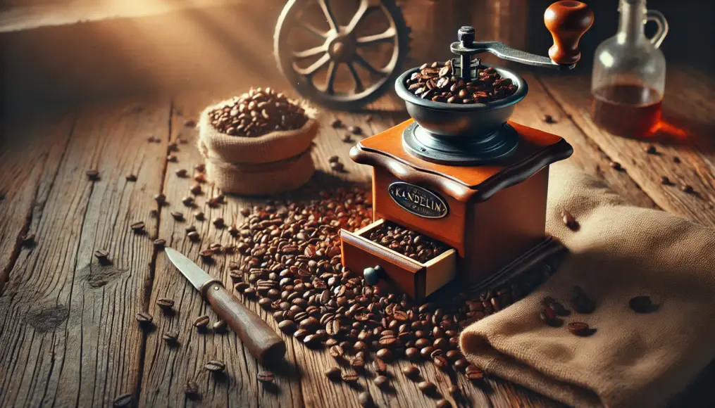 Freshly roasted Mandheling coffee beans and a hand grinder on a wooden table, creating an inviting coffee aroma.