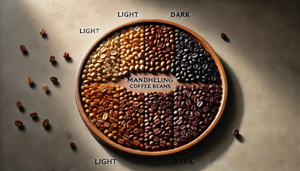 A plate displaying Mandheling coffee beans at various roast levels, from light to dark, showing distinct color differences.