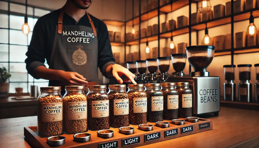 A coffee counter displaying Mandheling coffee samples at different roast levels. A barista explaining the flavor variations.