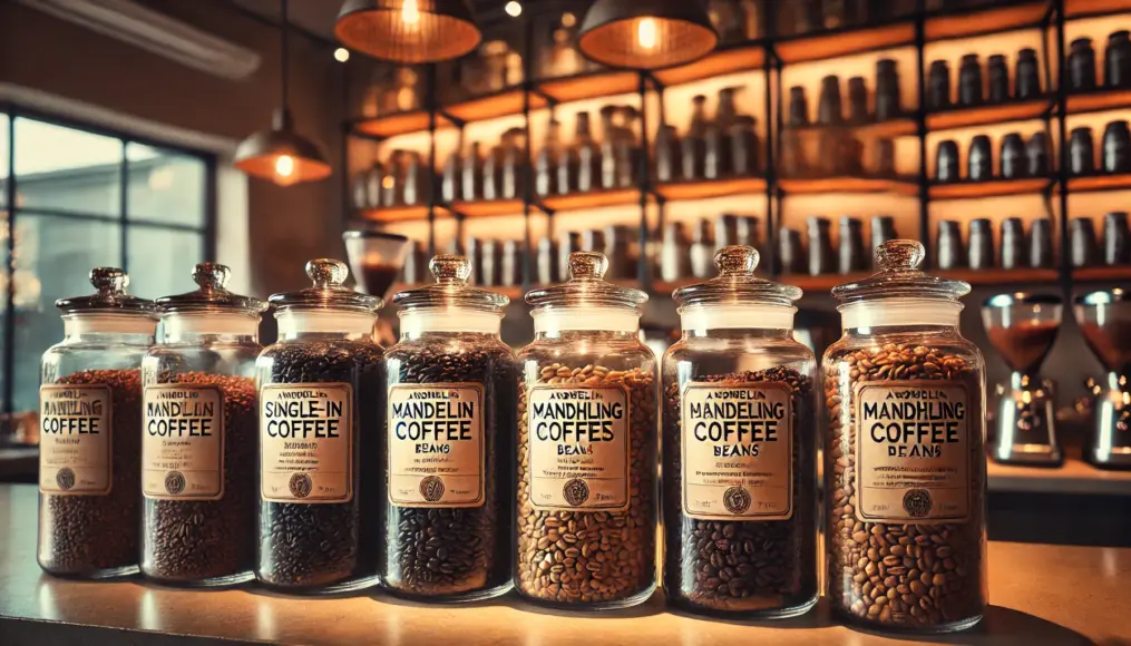 A coffee counter displaying jars of single-origin Mandheling beans alongside blend options from different regions.