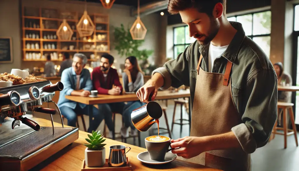 Mandheling coffee being served in cafés around the world. A barista pouring coffee as customers relax in a welcoming environment.