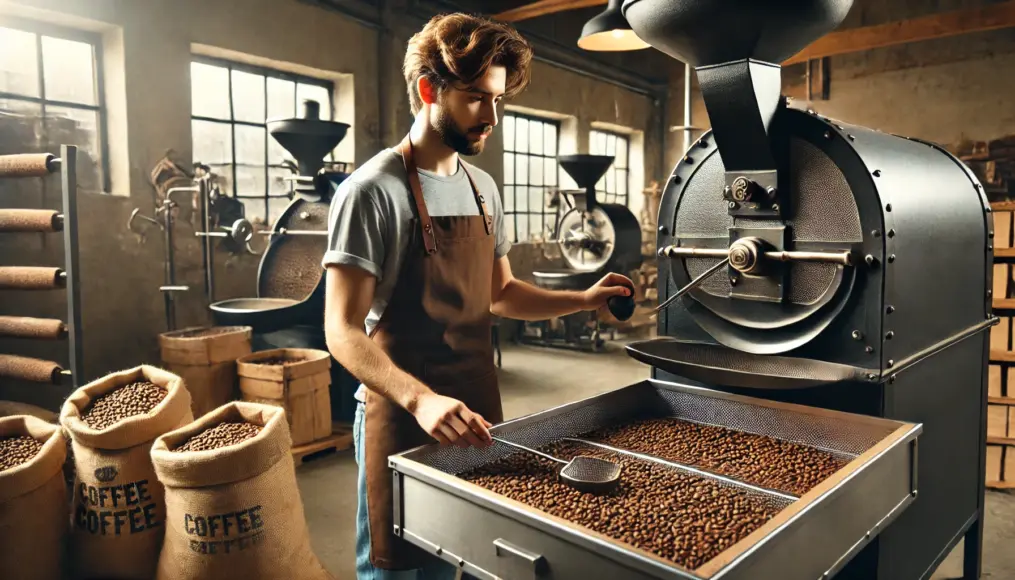 A barista inspecting freshly roasted medium coffee beans near a roasting machine, inhaling their aroma