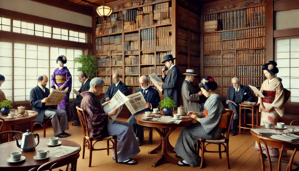 A corner of a Meiji-era coffeehouse where intellectuals discuss ideas while reading newspapers. Books and Western magazines fill the shelves, emphasizing the space’s role as a center of modern thought.