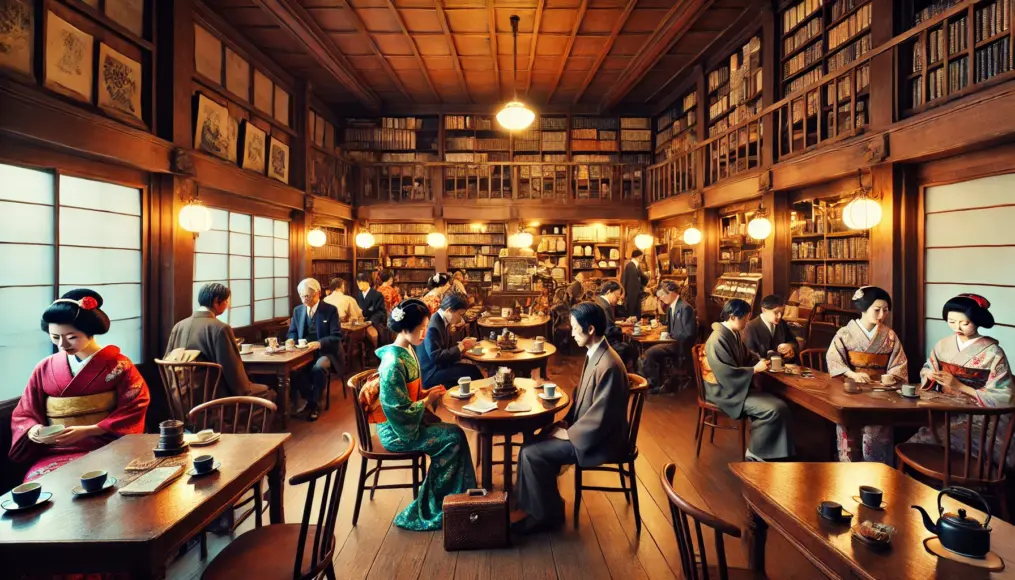 A Meiji-era coffeehouse with wooden tables and a mix of customers in traditional kimonos and Western suits. Intellectuals engage in lively discussions, while newspapers and books line the shelves, creating an atmosphere of knowledge and cultural exchange.