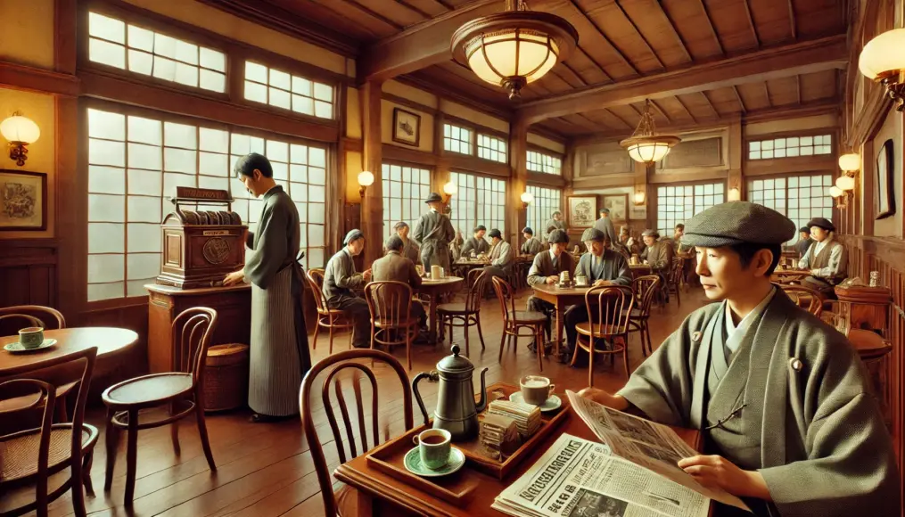 The interior of a Meiji-era coffeehouse. Wooden tables and chairs are arranged neatly, with customers reading newspapers while sipping coffee. A server in traditional Japanese attire prepares coffee behind the counter, adding to the nostalgic atmosphere.