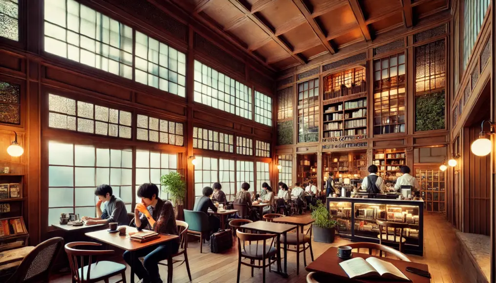 A fusion of modern café and Meiji-era coffeehouse elements. A beautifully preserved historic building has been converted into a contemporary coffee shop where patrons enjoy reading and engaging in lively discussions.