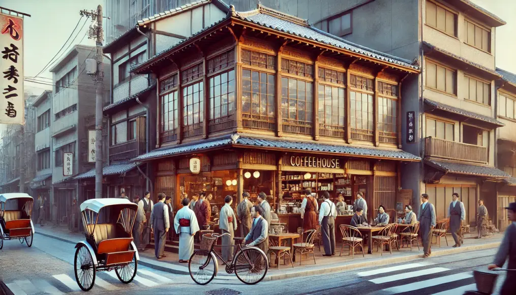 A coffeehouse in the late Meiji period, located in a bustling urban district. The establishment is now frequented by a diverse clientele, reflecting its transformation into a place for the general public.