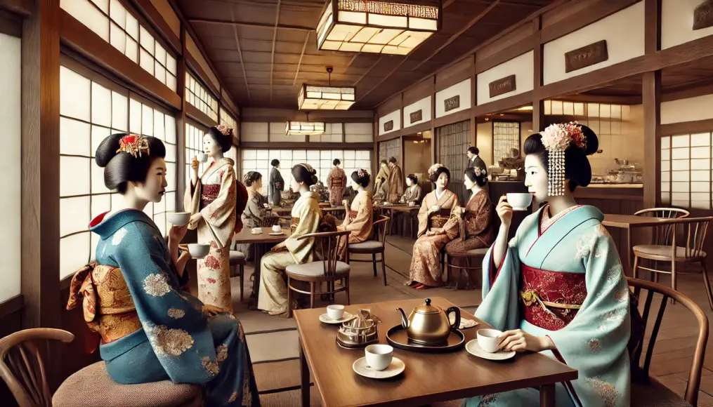 Meiji-era women enjoying coffee in a café. A mix of traditional kimonos and Western dresses reflects the cultural transformation of the time, while the lively atmosphere highlights the coffeehouse’s role as a new social space.