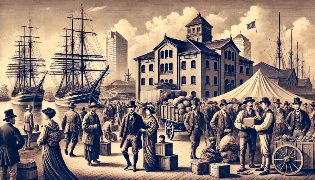 The port of Yokohama in the Meiji era. Western ships dock at the harbor as foreign merchants and Japanese citizens interact. The scene captures the international atmosphere of this historic trade hub.