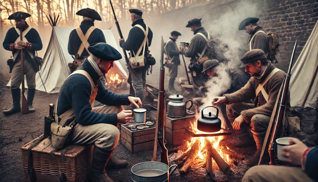 Military encampment during the Revolutionary War, where soldiers are brewing coffee over an open fire