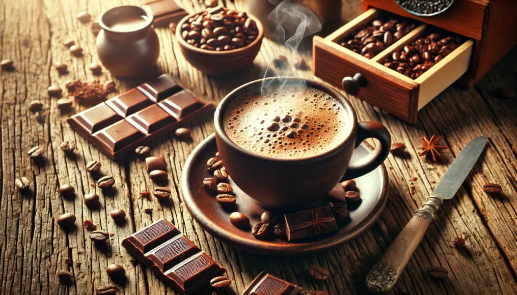 A steaming cup of Mocha Coffee on a wooden table, surrounded by chocolate pieces and scattered coffee beans.