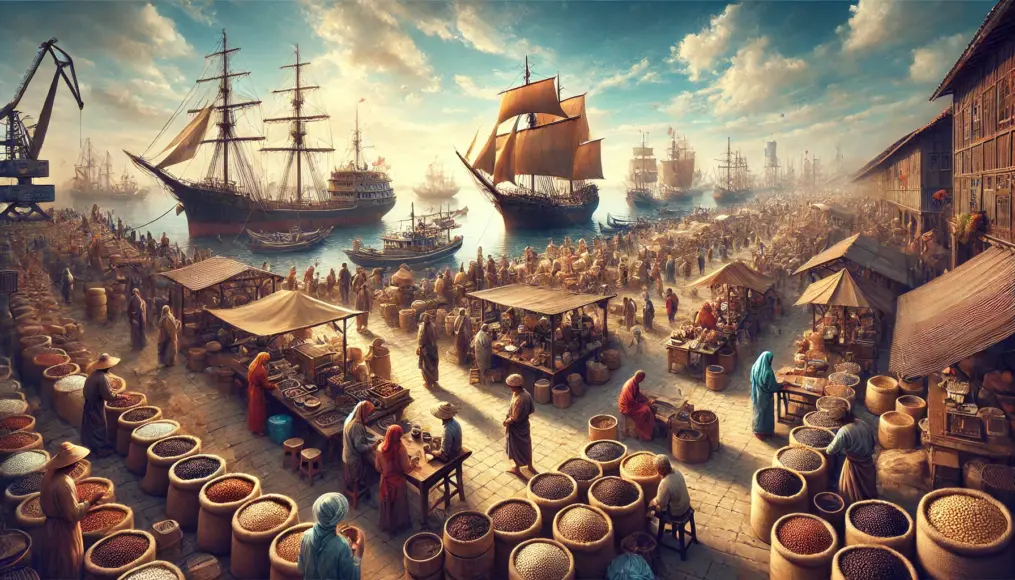 The bustling market at the port of Mocha, with ships docked in the background and merchants displaying bags of coffee beans.