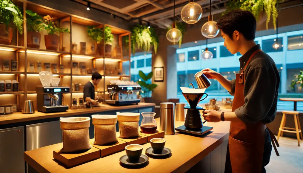 A modern café where a barista is carefully brewing hand-drip coffee. The wooden counter is lined with coffee bean bags and cupping cups. The background features a cozy interior with potted plants, creating a relaxed atmosphere.