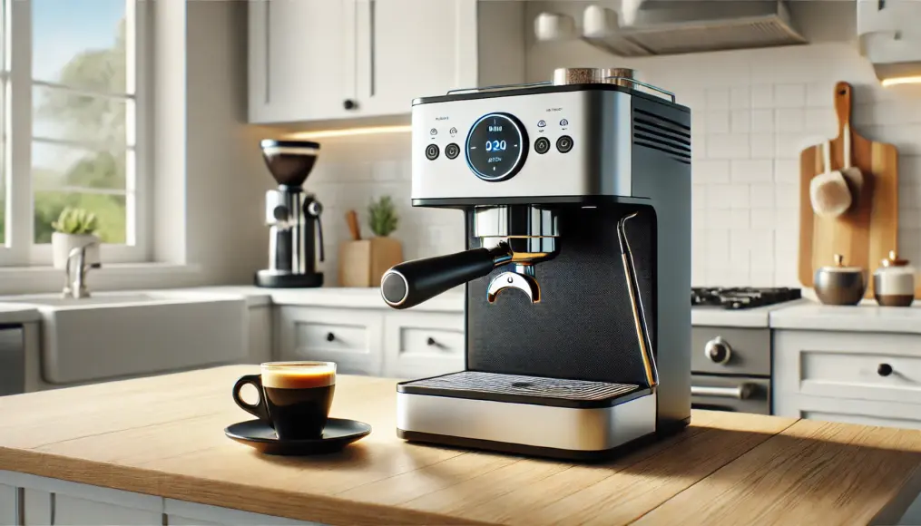 Modern home espresso machine design. A stylish and compact model placed in a kitchen, combining functionality and beauty.